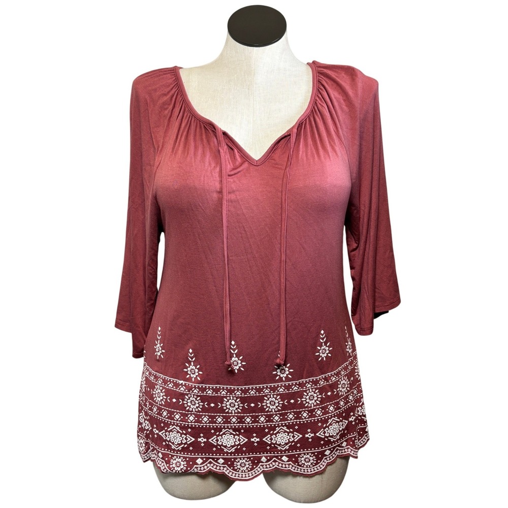 ECLA Womens XL Dusty Rose Boho Embroidered Print 3/4 Sleeve Scalloped Hem Top
